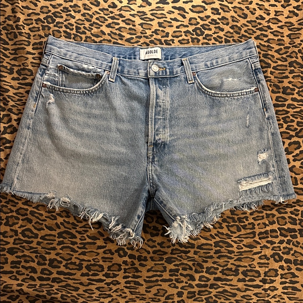 Agolde Light Blue Frayed Hem Jean Shorts